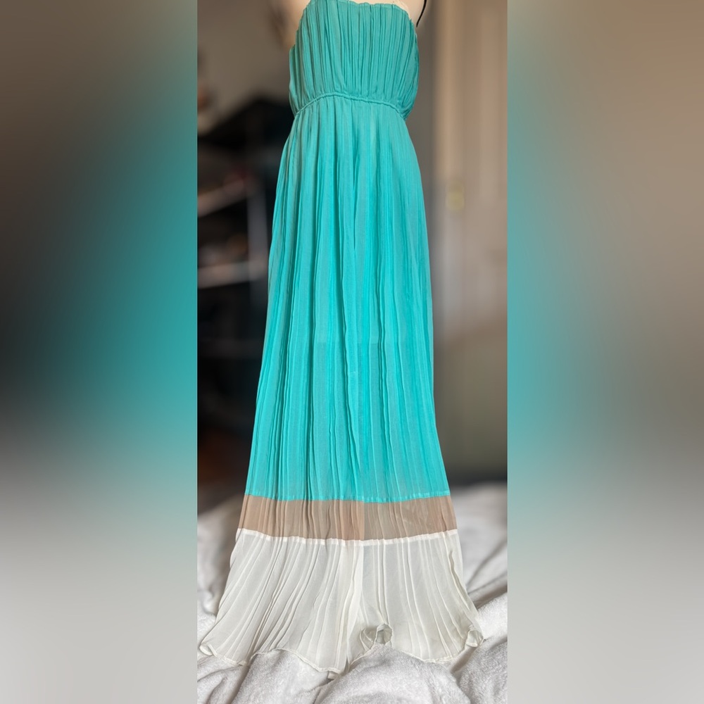 XL Forever 21 Turquoise Pleated Strapless Maxi Dress Resort Boho Vacation - Picture 3 of 4